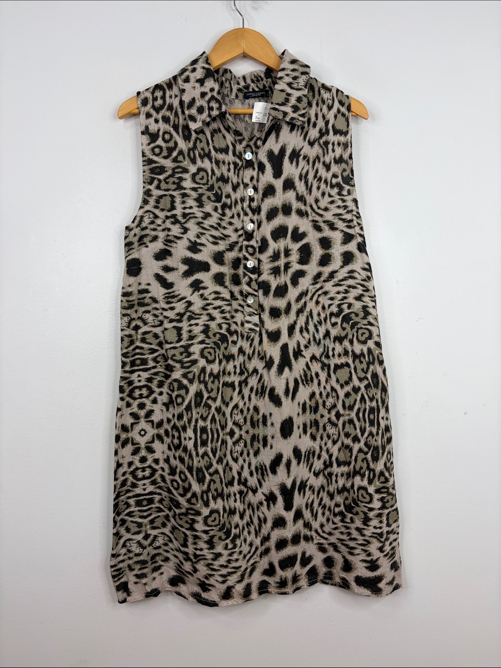New Lungo L'arno Dress Womens Large Brown Black Linen Leopard Print Sleeveless